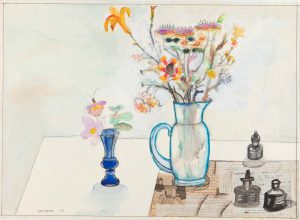 Flowers and Ink Bottles, 1985. Watercolor, crayon, colored pencil, charcoal, gouache, pencil, and collage on paper, 21 ¼ x 19 in. National Gallery of Art, Washington, DC; Gift of The Saul Steinberg Foundation