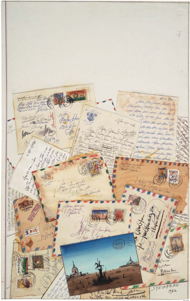 <em>Untitled [Mail]</em>, 1962. Ink, watercolor, crayon, pencil, and collage on paper, 23 x 14 ½ in. Drawing for <em>The New Yorker</em> cover, September 17, 1966. Private collection