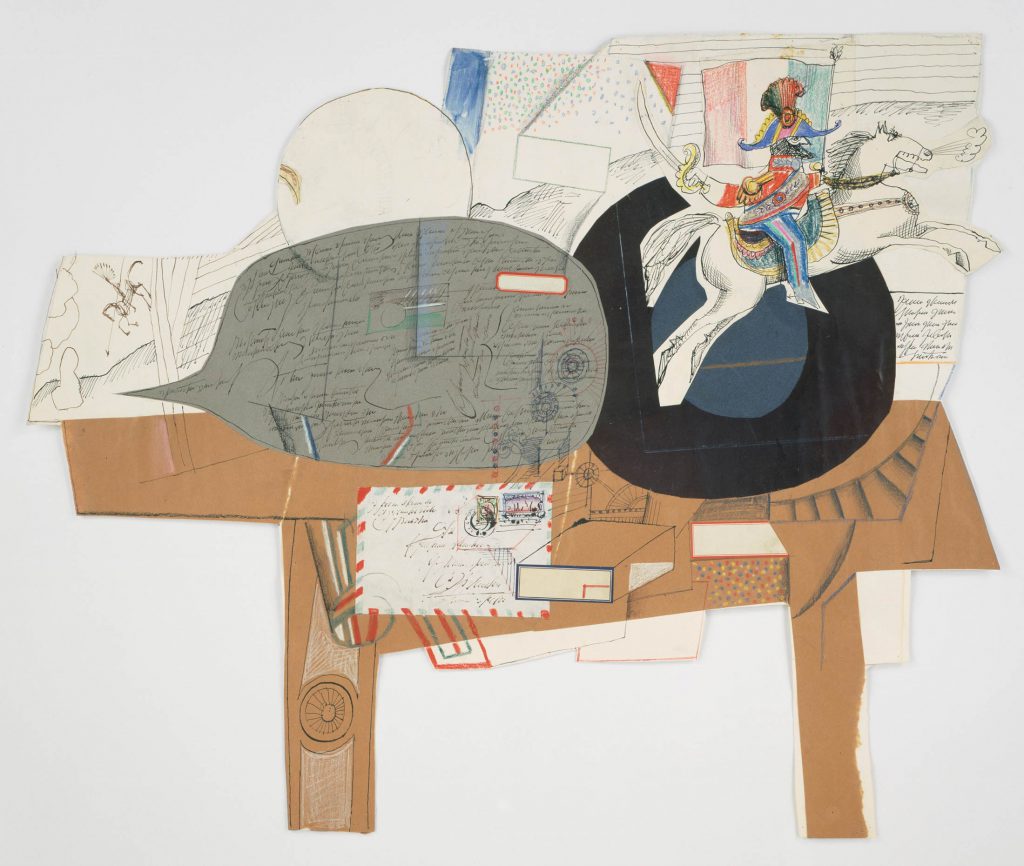 <em>Untitled</em>, 1965. Pencil, ink, colored pencil, and collage on paper, 22 ¼ x 27 ½ in. Private collection