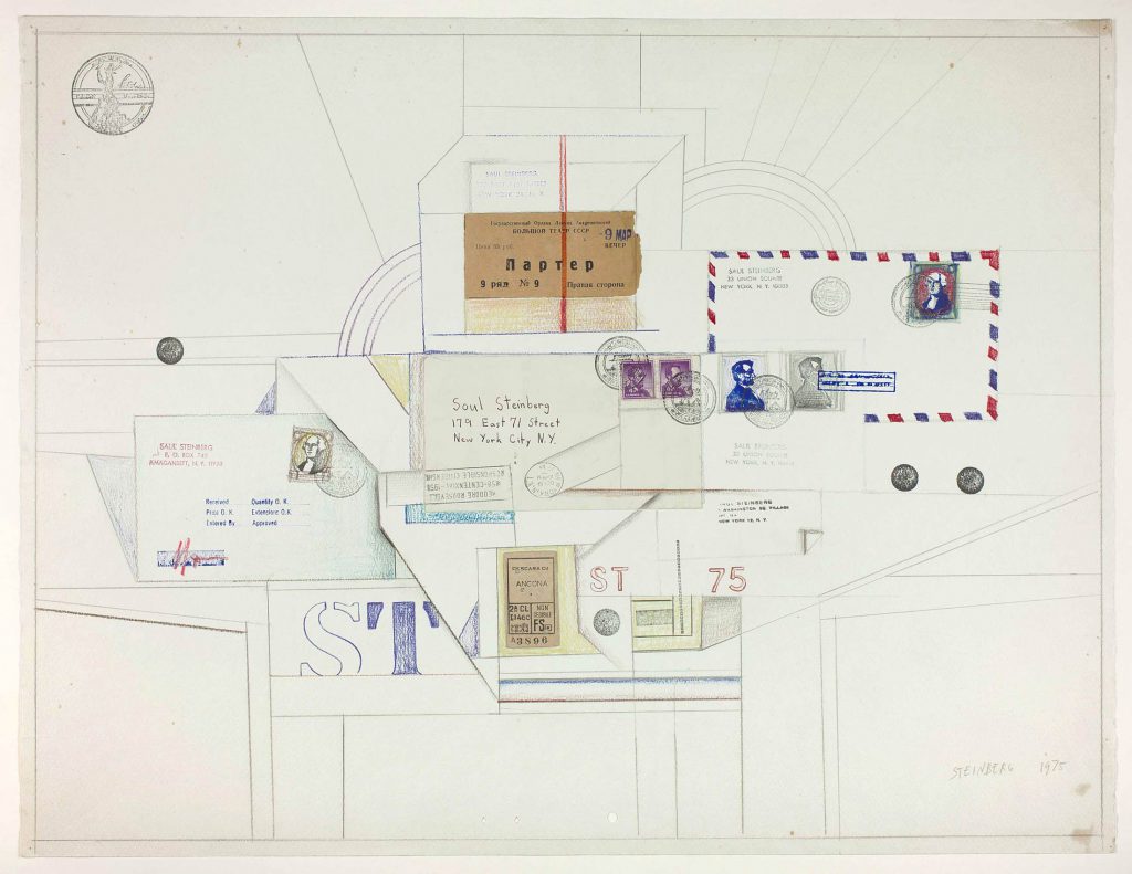 <em>Untitled</em>, 1975. Pencil, crayon, colored pencil, rubber stamps, punched holes, and collage on paper, 19 5/8 x 25 5/8 in. The Art Institute of Chicago; Gift of The Saul Steinberg Foundation