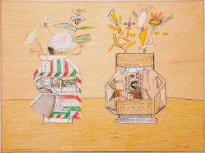 Erba Still Life, 1986. Crayon, colored pencil, foil, and collage on wood, 16 x 21 in. The Saul Steinberg Foundation
