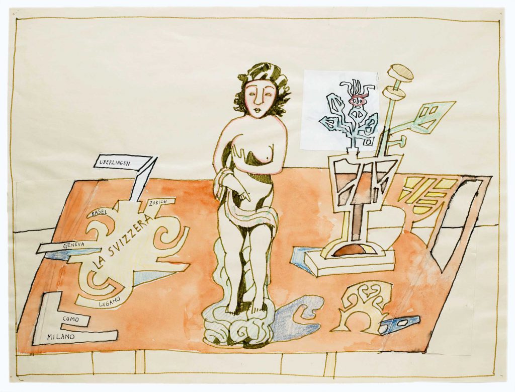 <em>Swiss Still Life</em>, 1988. Watercolor, marker, ink, colored pencil, and collage on paper, 17 7/8 x 23 7/8 in. The Saul Steinberg Foundation