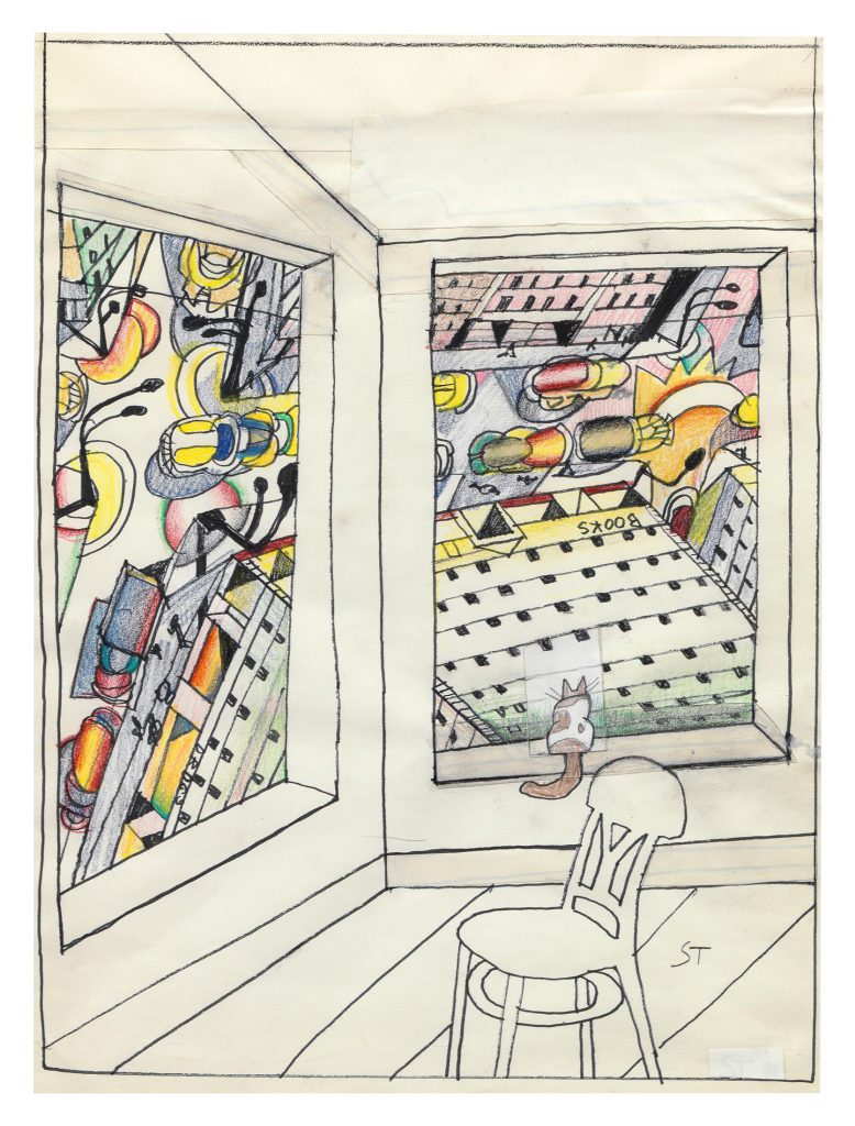 <em>Looking Down</em>, 1988. Felt marker, crayon, colored pencil, conté crayon, and collage on paper, 20 x 14 in. Drawing for <em>The New Yorker</em> cover, February 28, 1994. The Saul Steinberg Foundation