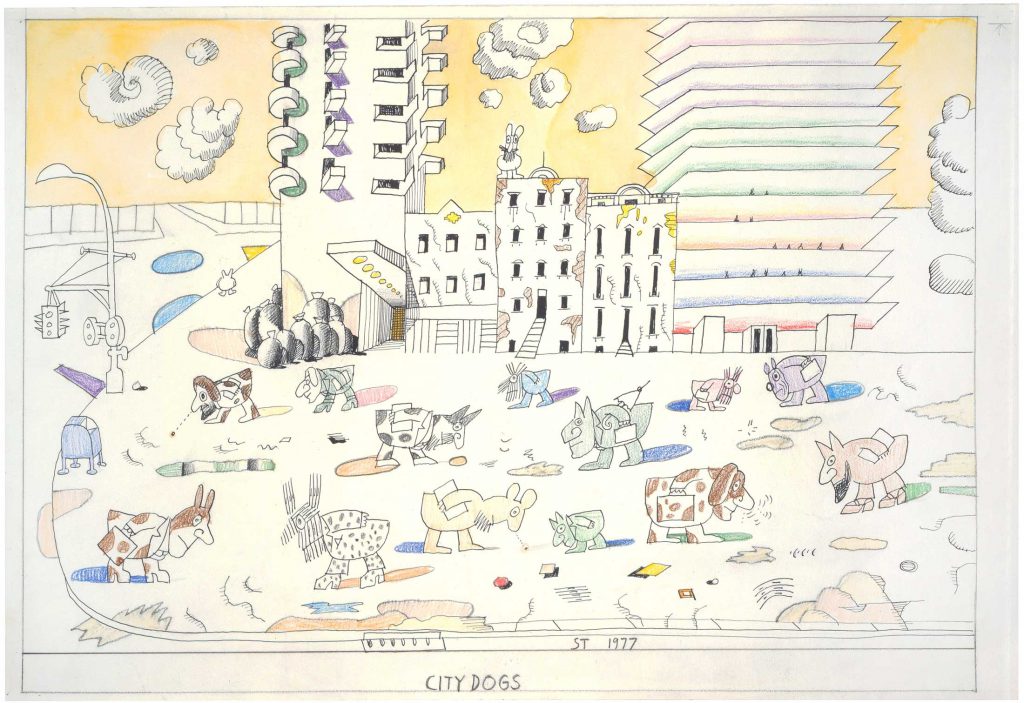 Original drawing for the portfolio “City Dogs,” <em>The New Yorker</em>, September 19, 1977. Crayon, ink, pencil, and watercolor on paper, 14 ½ x 23 in. Private collection.