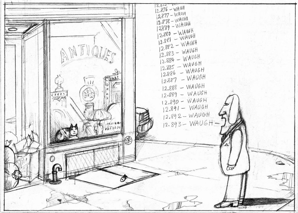 Untitled, c. 1977. Pencil on paper, 11 x 14 in. Saul Steinberg Papers, Beinecke Rare Book and Manuscript Library, Yale University. Original drawing for the portfolio “City Dogs,” The New Yorker, September 19, 1977.