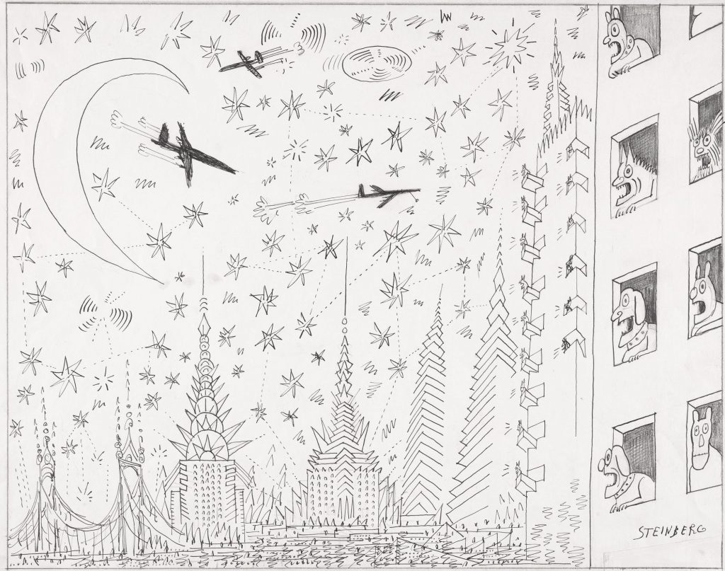 Untitled, c. 1977. Pencil on paper, 14 ½ x 23 in. Saul Steinberg Papers, Beinecke Rare Book and Manuscript Library, Yale University. Original drawing for the portfolio “City Dogs,” The New Yorker, September 19, 1977.