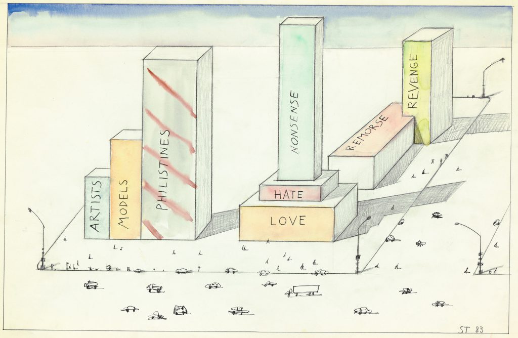 Untitled, 1983. Ink, pencil, colored pencil, and watercolor on paper, 14 ½ x 23 in. Centre Pompidou, Musée national d’art moderne/CCI, París; Gift of The Saul Steinberg Foundation to the American Friends of the Centre Pompidou (2017), gifted to the Centre Pompidou (2022). Original drawing for the portfolio “Statistics,” The New Yorker, February 21, 1983.