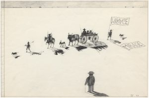 Untitled, 1977. Pencil and colored pencil on paper, 14 ½ x 23 in. The Saul Steinberg Foundation. Original drawing for the portfolio “Shadows and Reflected Images,” The New Yorker, November 21, 1977.