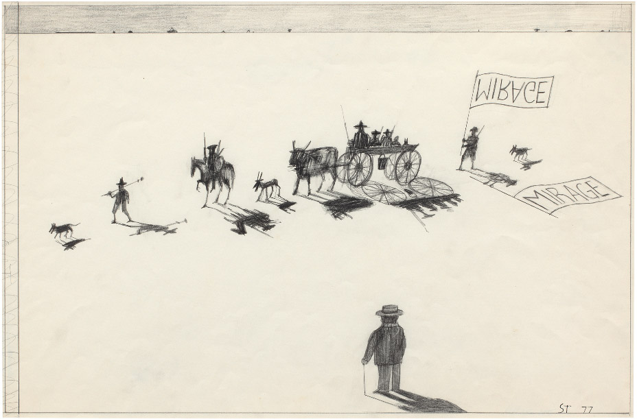Original drawing for the portfolio “Shadows and Reflected Images,” <em>The New Yorker</em>, November 21, 1977. Pencil and colored pencil on paper, 14 ½ x 23 in. The Saul Steinberg Foundation