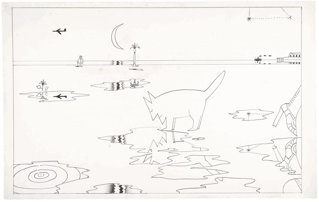 Original drawing for the portfolio “Shadows and Reflected Images,” <em>The New Yorker</em>, November 21, 1977. Ink and pencil on paper, 14 ½ x 23 in. Saul Steinberg Papers, Beinecke Rare Book and Manuscript Library, Yale University