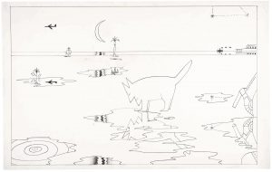 Untitled, 1977. Ink and pencil on paper, 14 ½ x 23 in. The Saul Steinberg Foundation. Original drawing for the portfolio “Shadows and Reflected Images,” The New Yorker, November 21, 1977.