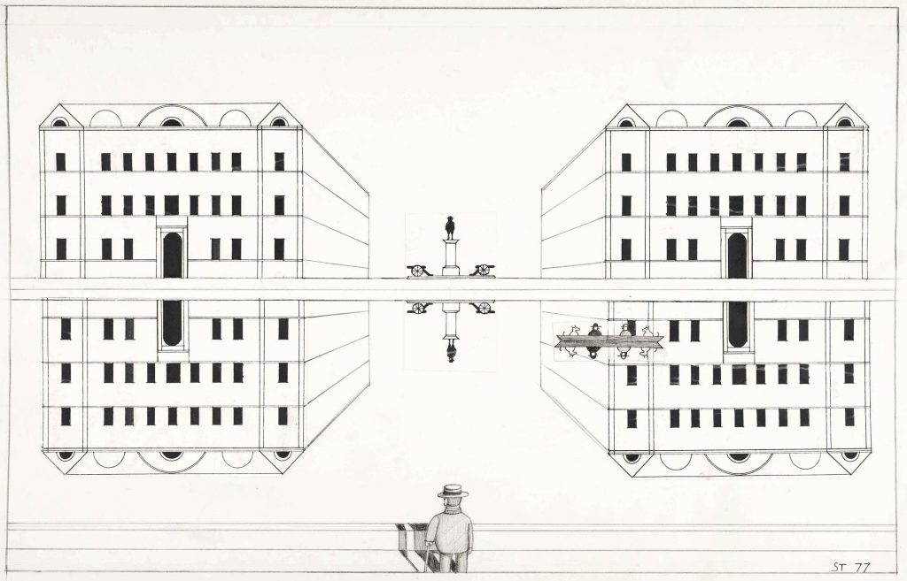 Original drawing for the portfolio “Shadows and Reflected Images,” <em>The New Yorker</em>, November 21, 1977. Pencil, marker, and collage on paper, 14 ½ x 23 in. Saul Steinberg Papers, Beinecke Rare Book and Manuscript Library, Yale University
