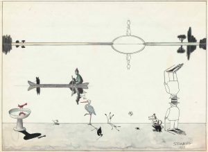 Untitled, 1977. Ink, watercolor, and crayon on paper, 14 ½ x 21 in. The Saul Steinberg Foundation. Original drawing for the portfolio “Shadows and Reflected Images,” The New Yorker, November 21, 1977.