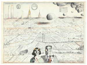 Utopia, 1974. Colored pencil, pencil, watercolor, crayon, ink, rubber stamps, and collage on paper, 21 ½ x 29 3/8 in. The Art Institute of Chicago; Gift of The Saul Steinberg Foundation. Original drawing for “The Power Broker,” part II, The New Yorker, July 29, 1974.