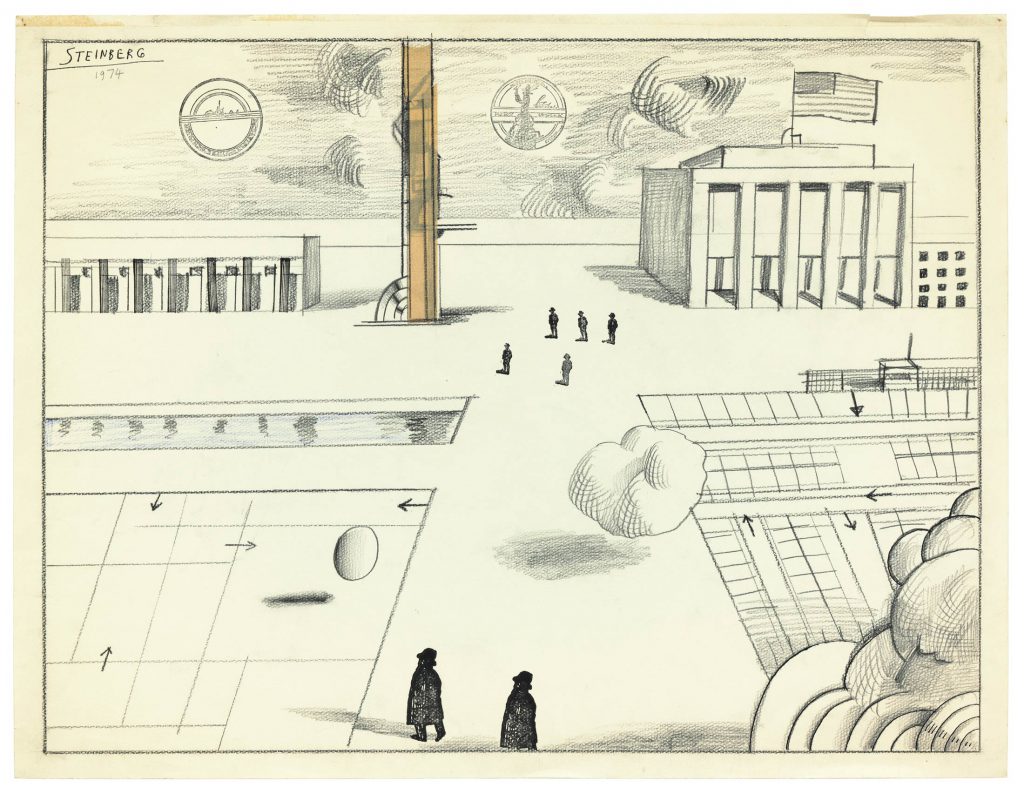 Original drawing for “The Power Broker,” part III, <em>The New Yorker</em>, August 12, 1974. Colored pencil, ink, rubber stamps, and masking tape on paper, 19 5/8 x 25 ½ in. The Saul Steinberg Foundation