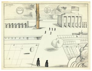 Untitled, 1974. Colored pencil, ink, rubber stamps, and masking tape on paper, 19 5/8 x 25 ½ in. The Saul Steinberg Foundation. Original drawing for “The Power Broker,” part III, The New Yorker, August 12, 1974.