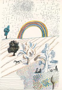 Rainbow Landscape, 1964. Ink, colored pencil, marker, and pencil on paper, 17 ¾ x 11 ½ in. Saul Steinberg Papers, Beinecke Rare Book and Manuscript Library, Yale University