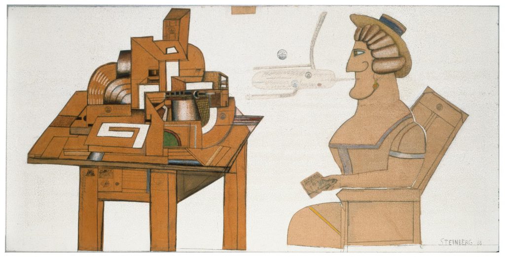 <em>Woman and Table</em>, 1968. Pencil, pastel, canvas, and collage on paper, 48 x 96 in. Private collection.