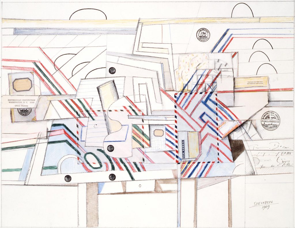 <em>Via Aerea</em>, 1969. Colored pencil, crayon, ink, watercolor, rubber stamps, and collage on paper, 20 1/2 x 27 in. National Gallery of Art, Washington, DC; Gift of The Saul Steinberg Foundation.