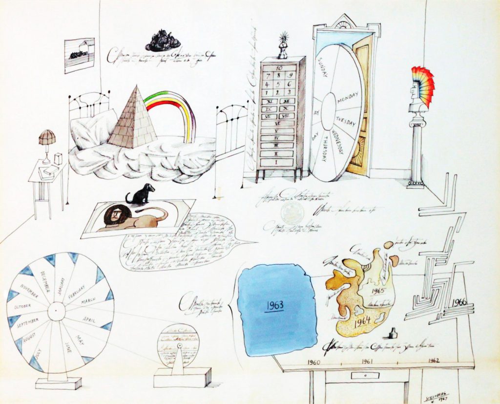 <em>Inventory</em>, 1966. Ink and watercolor on paper, 22 x 28 in. Private collection