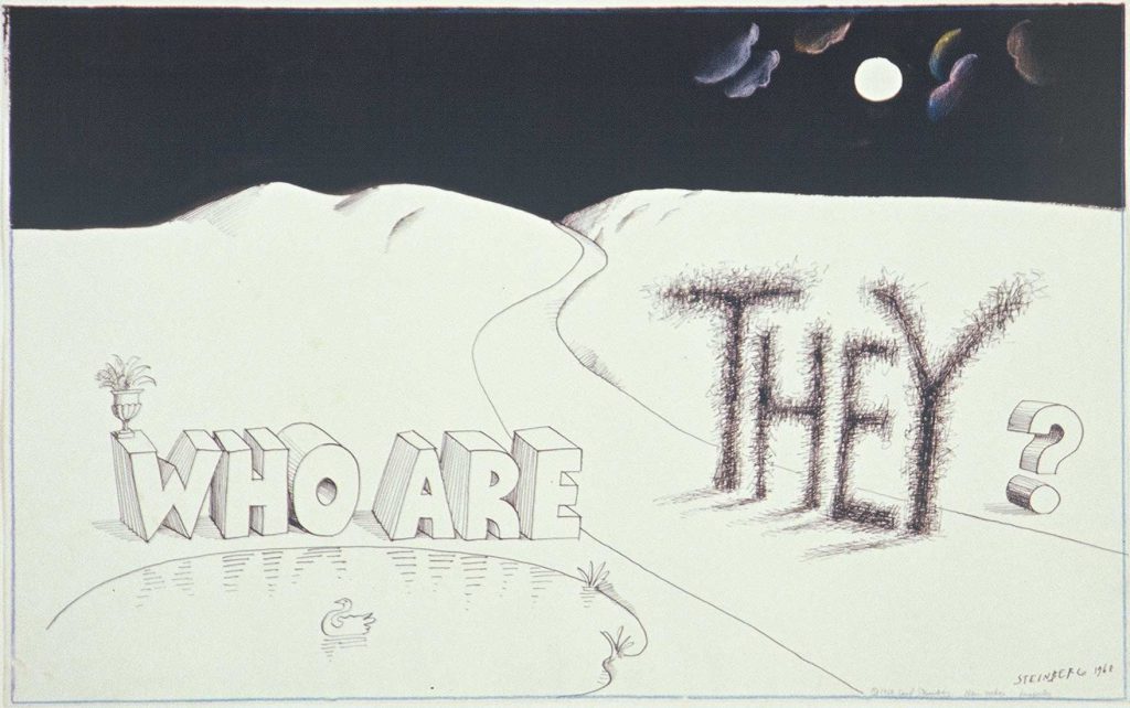 Original drawing for <em>Who Are They</em>, in a Word portfolio, <em>The New Yorker</em>, November 8, 1969. Ink on paper, 14 ½ x 23 ¼ in. Collection of Carol and Douglas Cohen