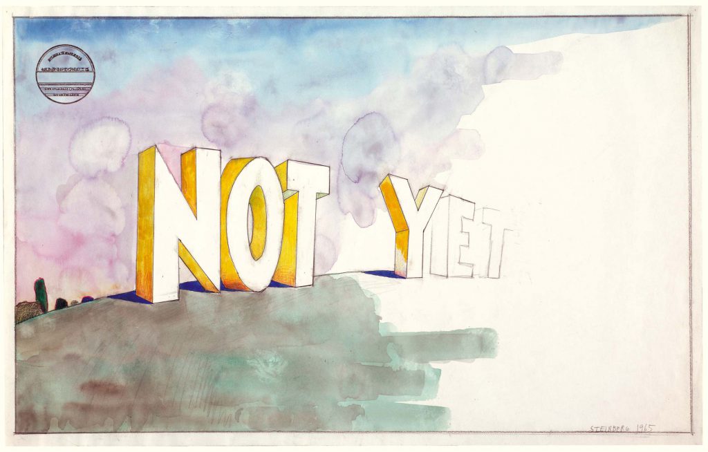 <em>Not Yet</em>, 1965-66. Ink, colored pencil, gouache, watercolor, and rubber stamp on paper, 14 ½ x 23 in. The Art Institute of Chicago; Gift of The Saul Steinberg Foundation