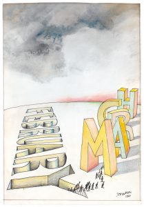 February-March, 1968. Ink, crayon, pencil, and watercolor on paper, 21 ½ x 14 ½ in. Centre Pompidou, Paris; Gift of The Saul Steinberg Foundation