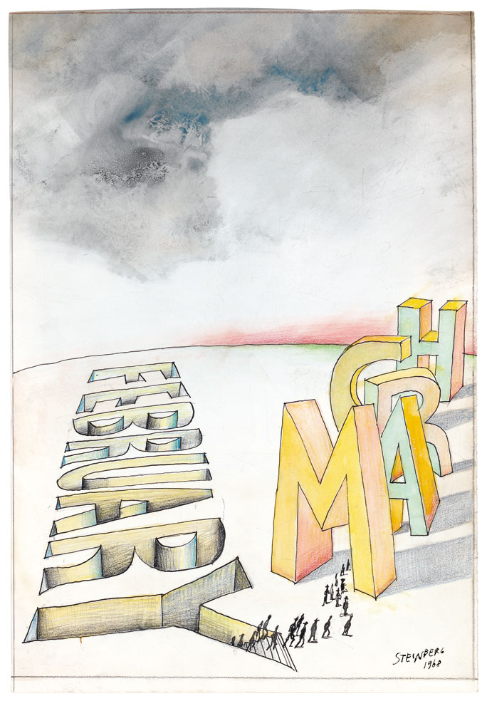 <em>February-March</em>, 1968. Ink, crayon, pencil, and watercolor on paper, 21 ½ x 14 ½ in. Centre Pompidou, Paris; Gift of The Saul Steinberg Foundation.