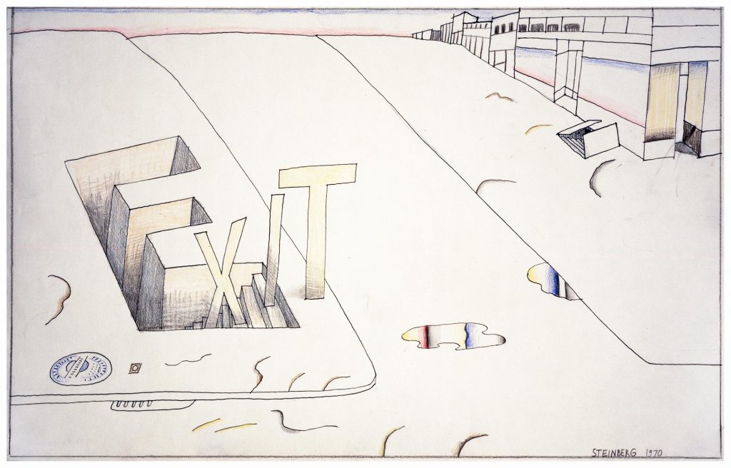 <em>Exit Street</em>, 1970. Colored pencil, pencil, and ink on paper, 14 ½ x 23 in. Private collection