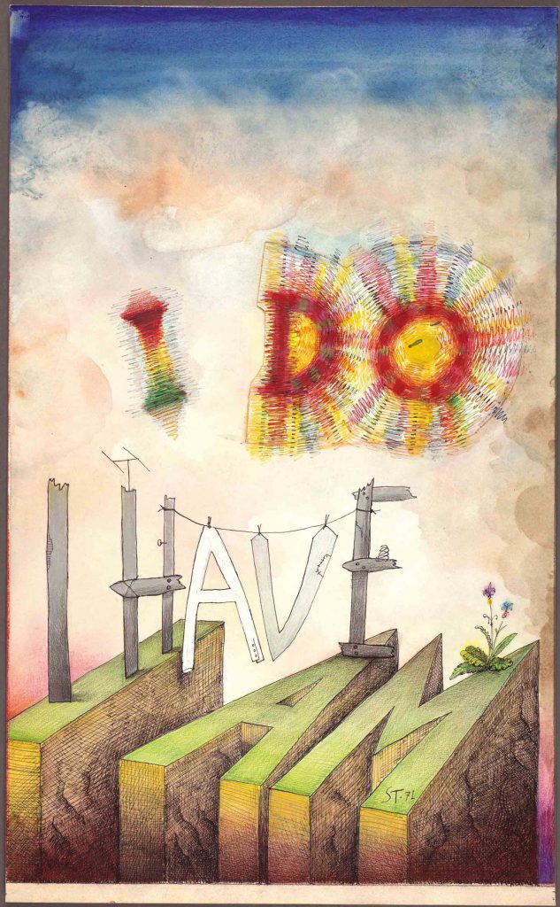 Original drawing for the cover of <em>The New Yorker</em>, July 31, 1971. Ink, marker pens, ballpoint pen, pencil, crayon, goauche, watercolor, and collage on paper, 22 ¾ x 14 in. The Art Institute of Chicago; Gift of The Saul Steinberg Foundation