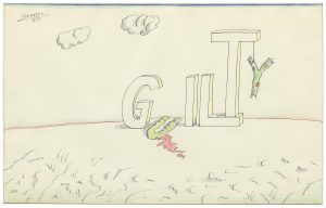 Guilty, 1972. Ink and colored pencil on paper, 14 1/8 x 22 ½ in. The Saul Steinberg Foundation