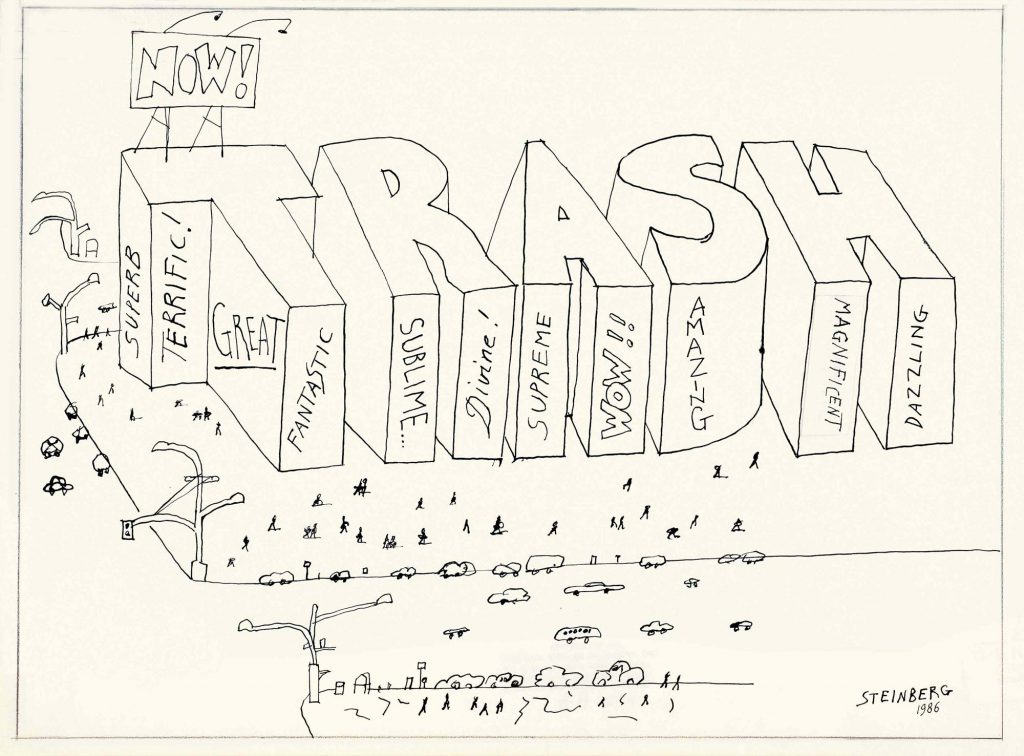 <em>Broadway</em>, 1986. Ink, pencil, and collage on paper, 14 ½ x 23 in. Morgan Library & Museum, New York; Gift of The Saul Steinberg Foundation. Originally published in <em>The New Yorker</em>, October 27, 1986