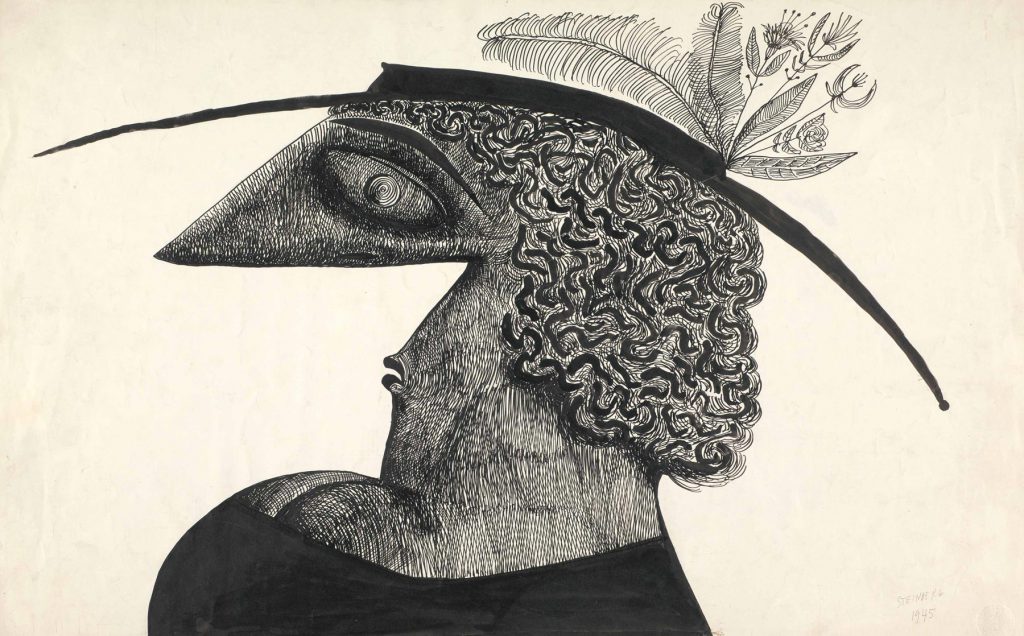 <em>Head</em>, 1945. Ink over pencil on paper, 14 ½ x 23 ¼ in. The Art Institute of Chicago; Gift of The Saul Steinberg Foundation