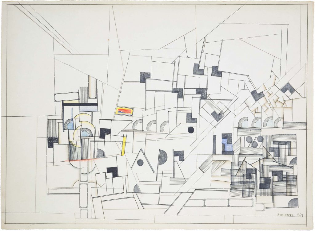 <em>Apr 12 1969</em>, 1969. Rubber stamps, colored pencil, and pencil on paper, 22 ½ x 30 in. The Art Institute of Chicago; Gift of The Saul Steinberg Foundation