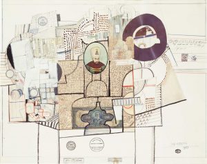 Buenos Aires Table, 1969. Ink, colored pencil, pencil, oil, rubber stamps, and collage on paper, 22 ¾ x 28 ¾ in. Private collection