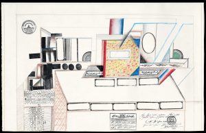 Still Life with Ledger, 1969. Colored pencil, crayon, rubber stamps, pencil, ink, and dental charts on paper, 13 ½ x 21 in. Cincinnati Art Museum; Gift of The Saul Steinberg Foundation.