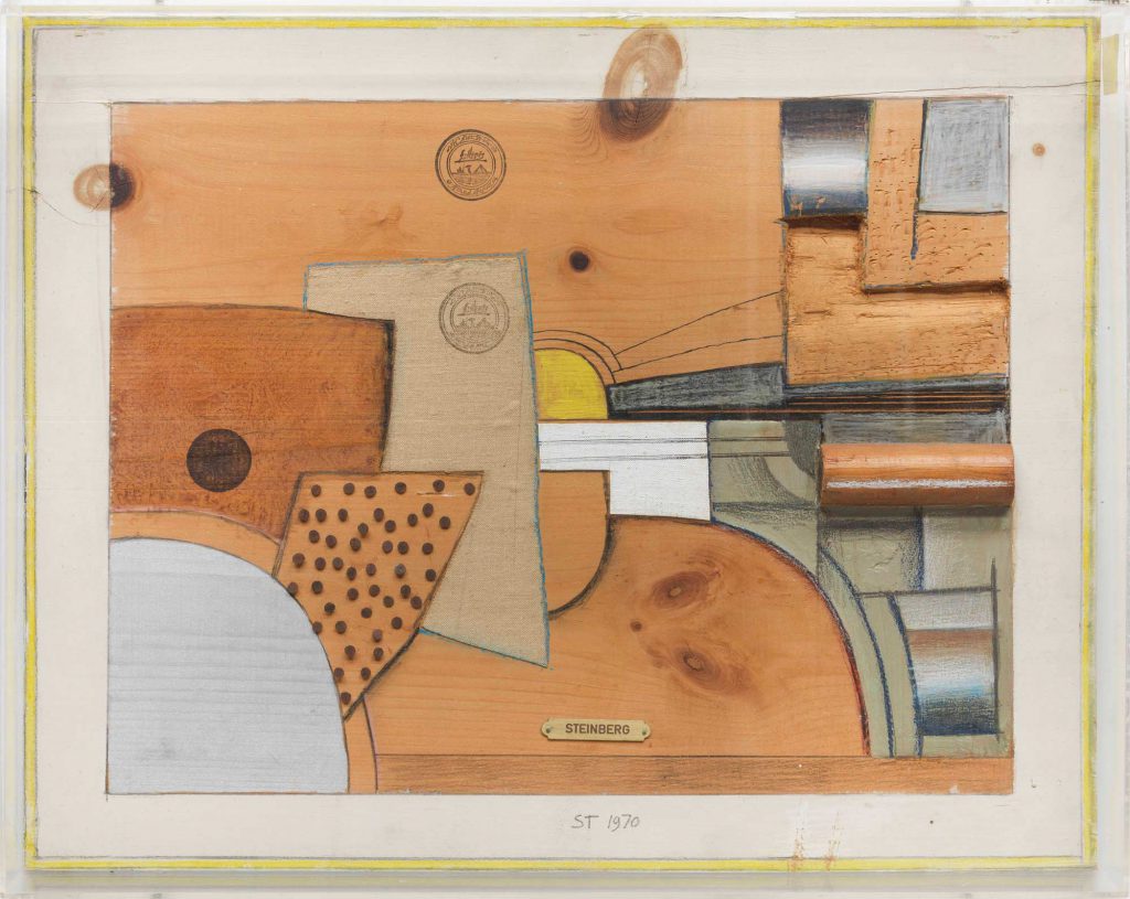 <em>Early Works (Still Life Table)</em>, 1970. Tacks, cloth, metal plaque, oil, aluminum paint, carved wood, ink, crayon, rubber stamps, and pencil on wood panel, 15 ½ x 19 ½ in. The Saul Steinberg Foundation