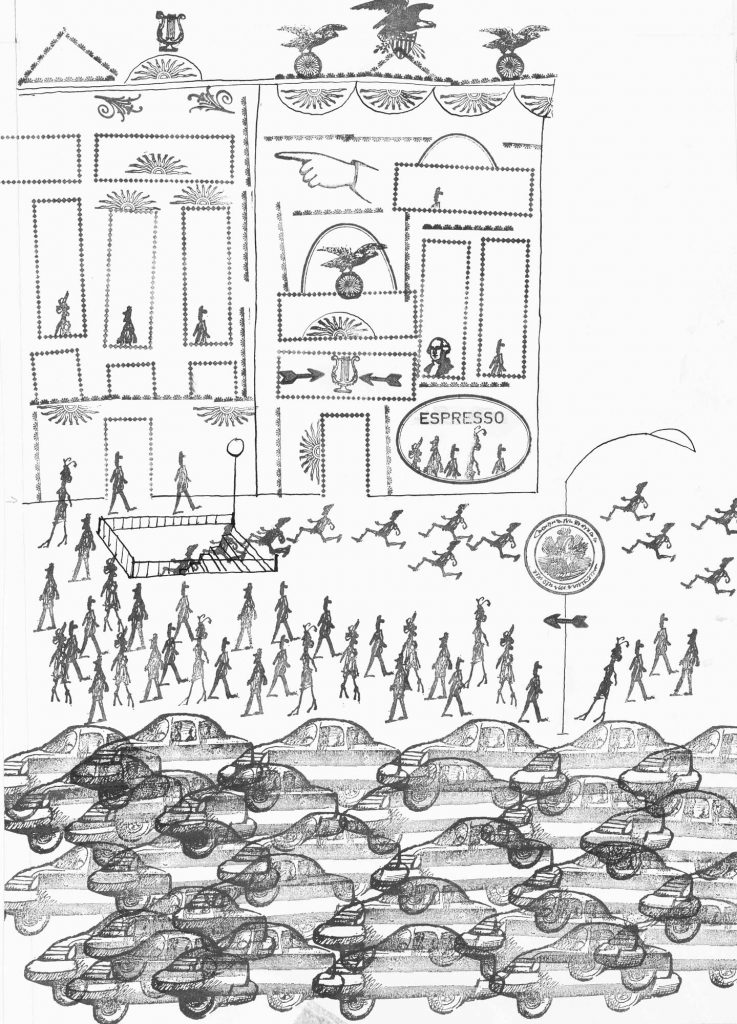 Original drawing for the “Rubber Stamps” portfolio, <em>The New Yorker</em>, December 3, 1966. Ink, rubber stamp, and pencil on paper, 18 ½ x 12 in. Saul Steinberg Papers, Beinecke Rare Book and Manuscript Library, Yale University