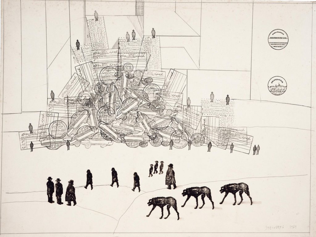 <em>Untitled</em>, 1969. Ink, pencil, and rubber stamp on paper, 22 ¼ x 30 in. The Saul Steinberg Foundation
