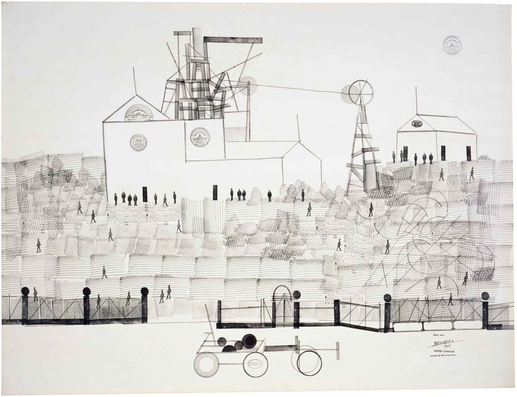 <em>Certified Landscape</em>, 1969. Ink, pencil, and rubber stamp on paper, 22 ¼ x 30 in. The Art Institute of Chicago; Gift of The Saul Steinberg Foundation
