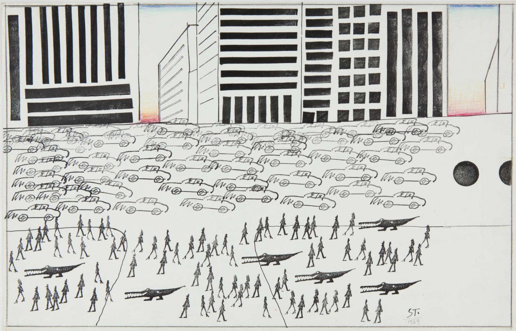 Original drawing for “The Mayor, Part I,” <em>The New Yorker</em>, May 3, 1969. <em>NYC</em>, 1969. Ink, pencil, crayon, and rubber stamp on paper, 14 ½ x 23 in. Centre Pompidou, Paris; Gift of The Saul Steinberg Foundation.