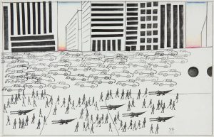 NYC, 1969. Ink, pencil, crayon, and rubber stamp on paper, 14 ½ x 23 in. Centre Pompidou, Paris; Gift of The Saul Steinberg Foundation. Original drawing for “The Mayor, Part I,” The New Yorker, May 3, 1969.