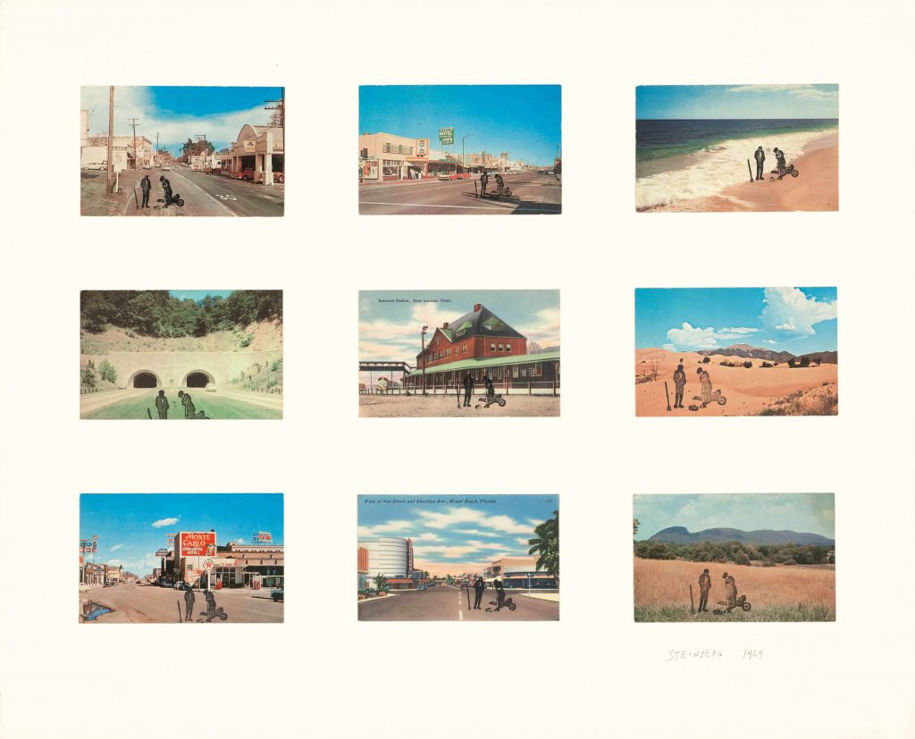 <em>Nine Postcards</em>, 1969. Rubber stamps and postcards mounted on board, 20 x 24 5/8 in. Museum of Fine Arts, Boston; Gift of The Saul Steinberg Foundation.