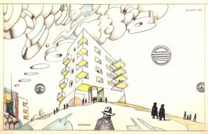 Milanese II, 1973. Rubber stamps, pencil, and colored pencil on paper, 23 x 29 in. Centre Pompidou, Paris; Gift of The Saul Steinberg Foundation