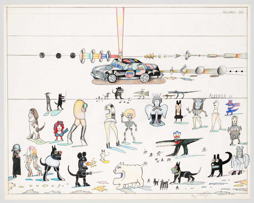 <em>Bleecker Street</em>, 1969. Ink, crayon, pencil, and watercolor on paper, 23 x 29 in. Whitney Museum of American Art, New York; Bequest of Saul Steinberg