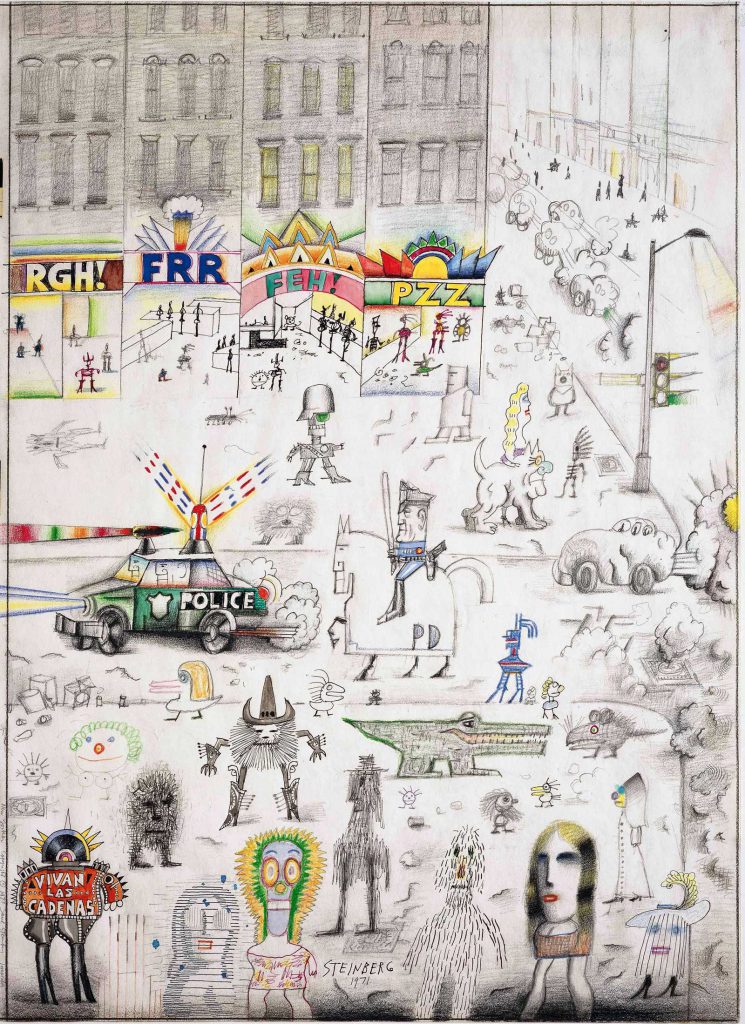 <em>Bleecker Street</em>, 1970. Ink, pencil, colored pencil, and crayon on paper, 29 3/8 x 22 3/8 in. Private collection. Drawing for <em>The New Yorker</em> cover, January 16, 1971