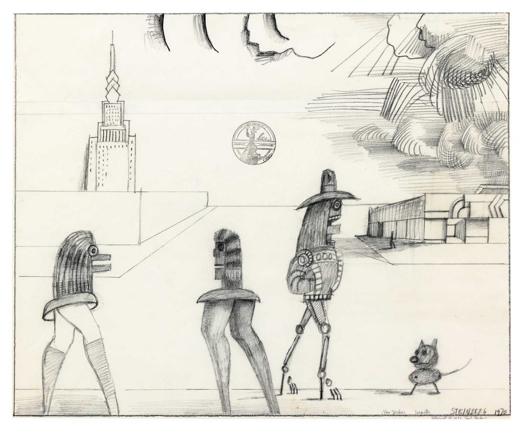 Original drawing for “The City” portfolio, <em>The New Yorker</em>, February 24, 1973. <em>Four Figures</em>, 1970. Pencil, conté crayon, and rubber stamp on paper, 18 x 22 in. The Saul Steinberg Foundation