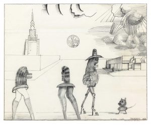 Four Figures, 1970. Pencil, conté crayon, and rubber stamp on paper, 18 x 22 in. The Saul Steinberg Foundation. Original drawing for “The City” portfolio, The New Yorker, February 24, 1973.