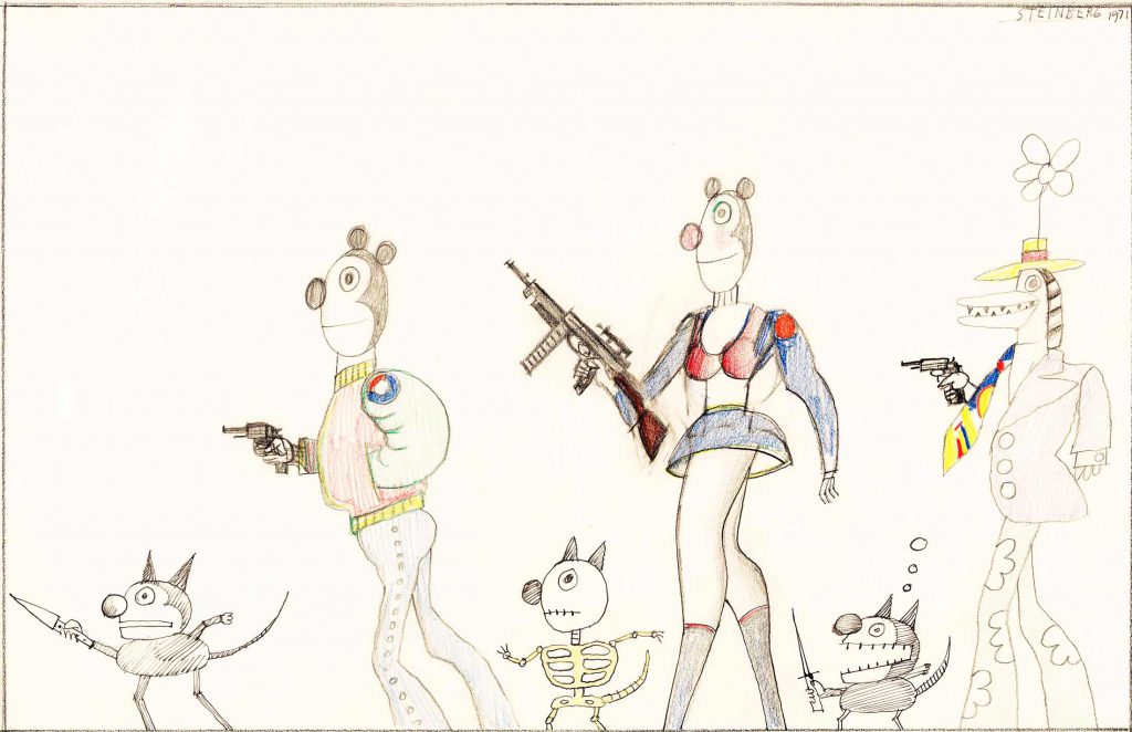 Original drawing for “The City” portfolio, <em>The New Yorker</em>, February 24, 1973. <em>Six Terrorists</em>, 1971. Colored pencil, pencil, and ink on paper, 14 x 20 in. Private collection