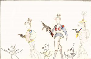 Six Terrorists 1971. Colored pencil, pencil, and ink on paper, 14 x 20 in. Private collection. Original drawing for “The City” portfolio, The New Yorker, February 24, 1973.